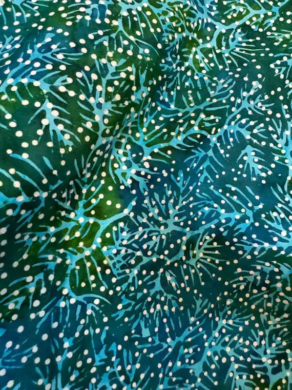 green cotton fabric - Bluish Green Leaves Dots Glass Glow - Batik by Mirah Cotton Fabric
