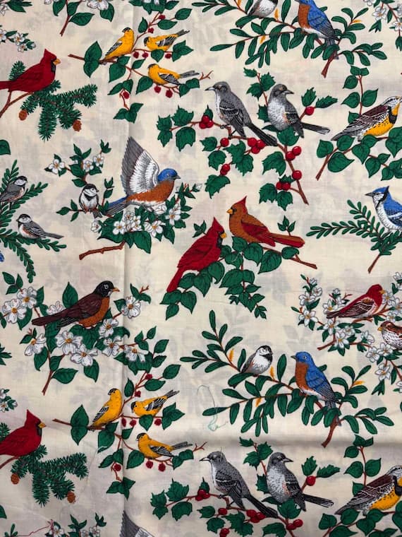 cotton fabric - Vintage Birds on Branches Cotton Fabric Cranston