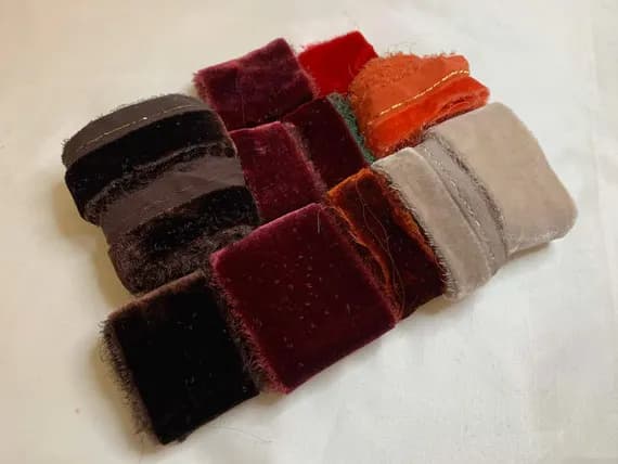 none - Hand Dyed Silk Velvet Fabric & Ribbon Remnant Lot Scrap Bag #113 Dark Autumn Colors