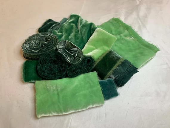 none - Hand Dyed Silk Velvet Fabric & Ribbon Remnant Lot Scrap Bag #40 Greens