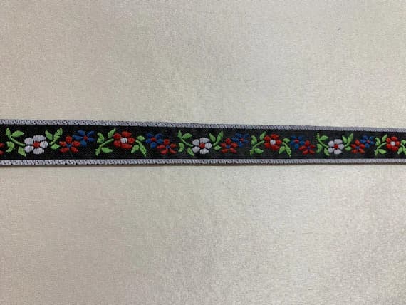 black none - Vintage Red & Blue Flowers on Black - Jacquard Ribbon 9/16" wide -2 Yards-