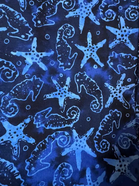 blue cotton fabric - 1/2 yard increments Seahorse & Starfish Flag Blue Day Cruise - Batik by Mirah Cotton Fabric