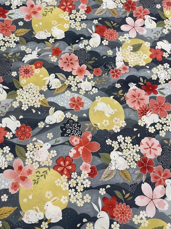 cotton fabric - The Moon Rabbit Japanese Floral Night - Paintbrush Studio Cotton Fabric