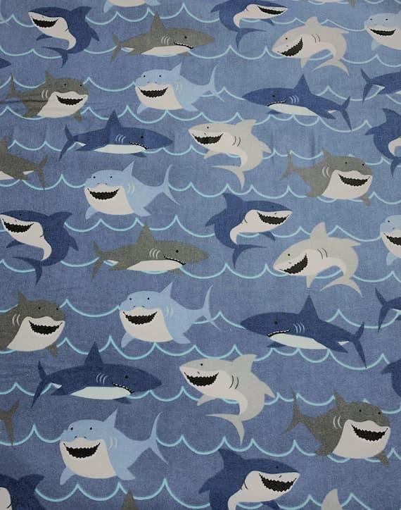 blue cotton fabric - Sharks on Blue - Riley Blake Designs 100% Cotton Flannel