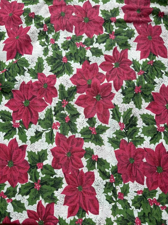 white cotton fabric - Red Christmas Poinsettias on White - Vintage Cotton Fabric