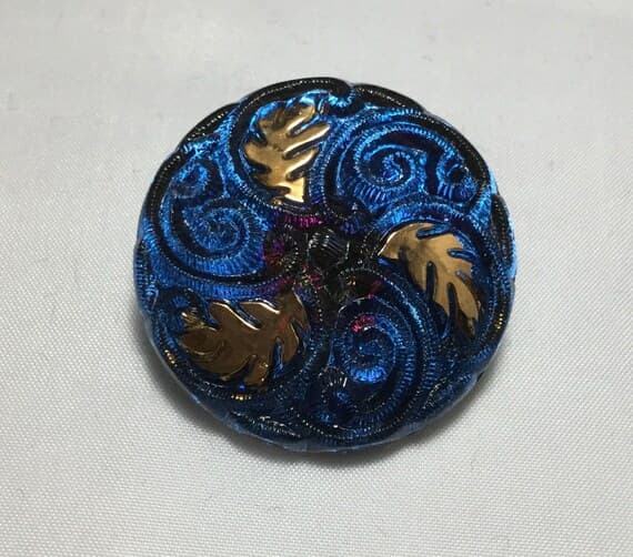gold none - Vintage Glass Button - Mirror Back Iridescent Blue with Gold Leaf Scroll 1-3/8"