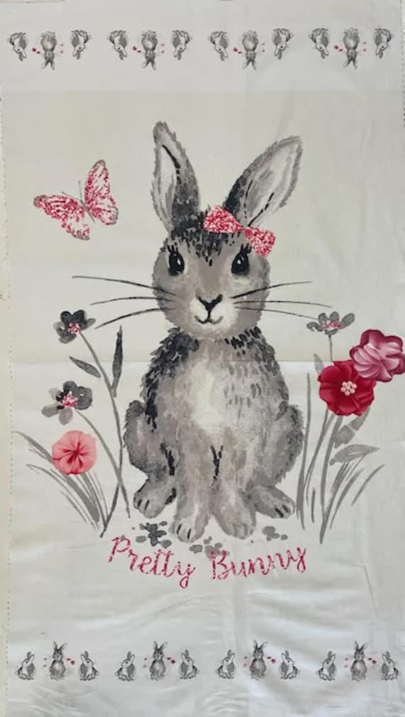 cotton fabric - Pretty Bunnies & Flowers Panel 24"x45" - Riley Blake Cotton Fabric