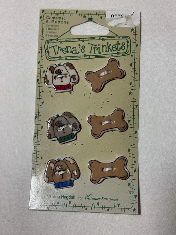 none - Dog Faces and Bones - Vintage Trena's Trinkets Ceramic Buttons on Card
