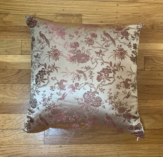 gold velvet fabric - Silky Brocade Pillow Cover - Pale Gold & Rust Birds in Trees - Handmade