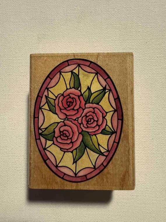 none - 2 1/4 X 2 3/4 Stained Glass Rose Oval Wood Mounted Rubber Stamp (A1248E); By Rubber Stampede
