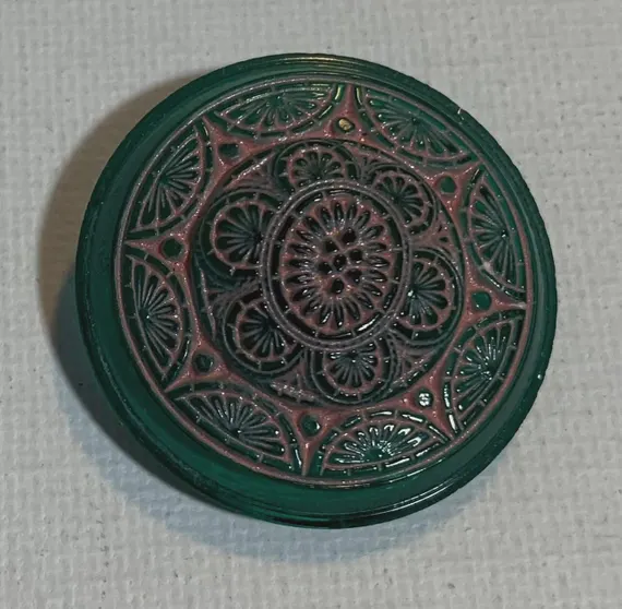peach none - Hand Painted Green & Peach Floral Vintage Czech Glass Button 1-1/16"