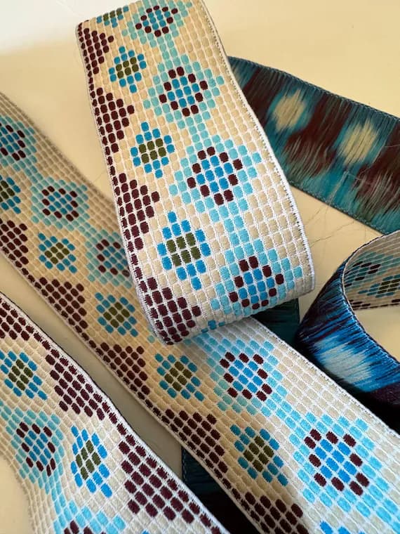 blue none - Vintage Blue & Brown Southwest Geometric Jacquard Ribbon 1-5/16" wide x 2.25 Yards-