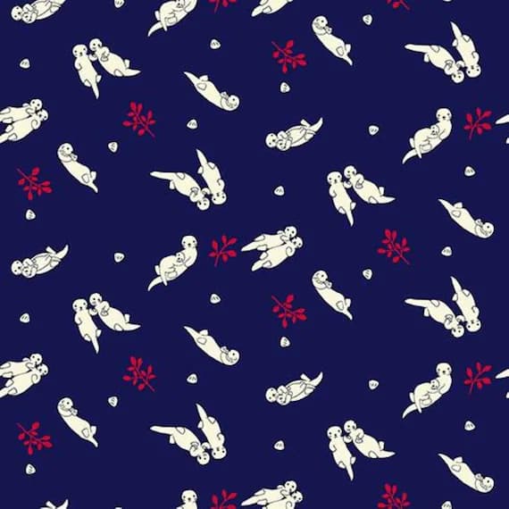 navy cotton fabric - Otter Romp Swimming Navy - Paintbrush Studio Cotton Fabric