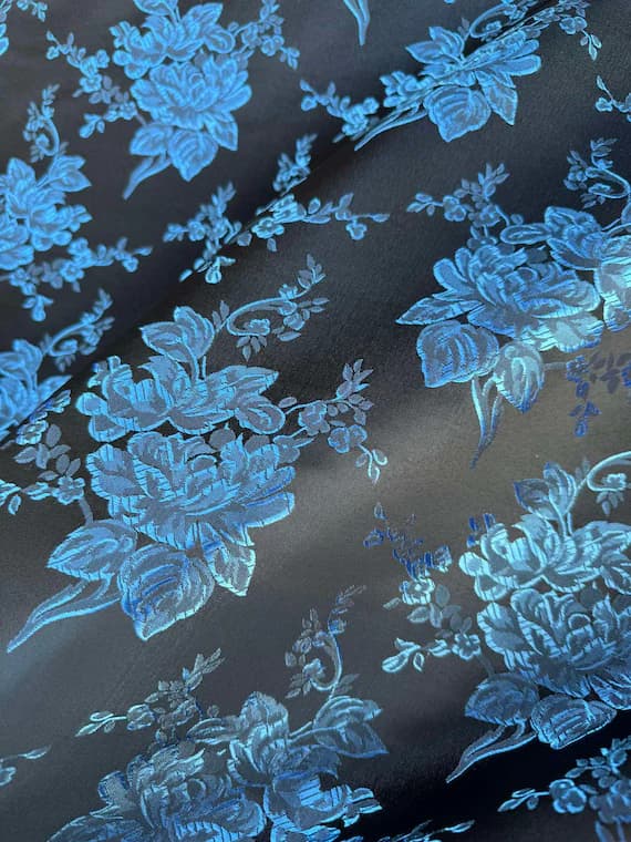 black brocade fabric - Black & Blue Roses Floral - Faux Silk Brocade Jacquard Fabric