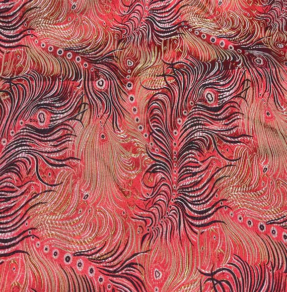peacock brocade fabric - Red with Peacock Feathers - Silk Brocade Fabric