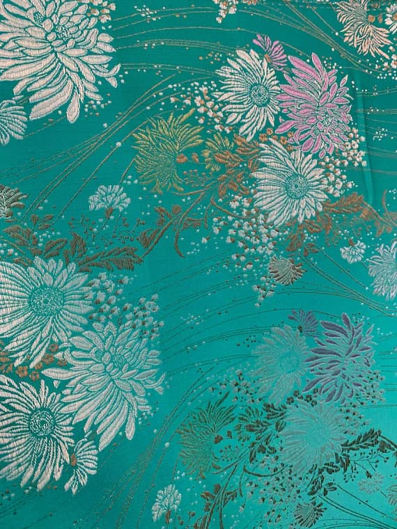 jade brocade fabric - Jade Green Daisy Spring Floral - Faux Silk Brocade Jacquard Fabric