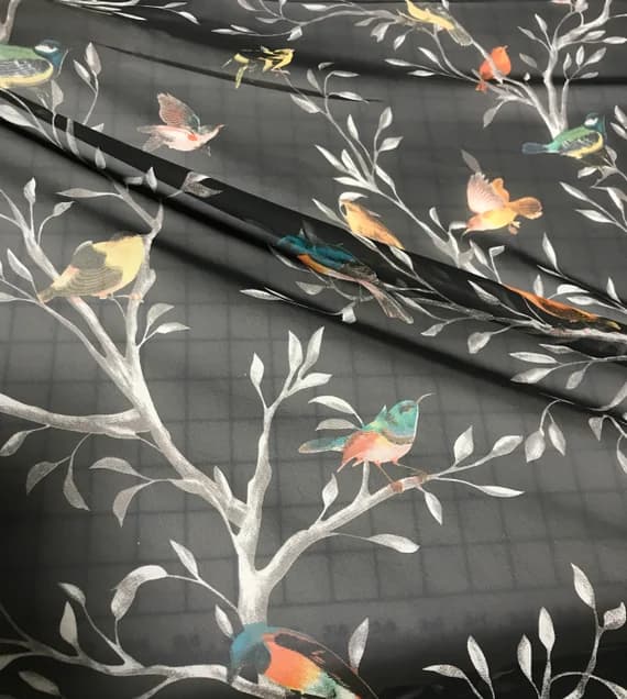 black chiffon fabric - Birds on Black - Polyester Chiffon Fabric