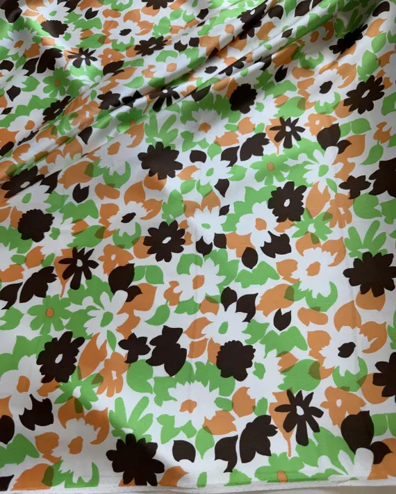 green charmeuse fabric - Retro Green & Orange Floral Print - 100% Silk Charmeuse Fabric