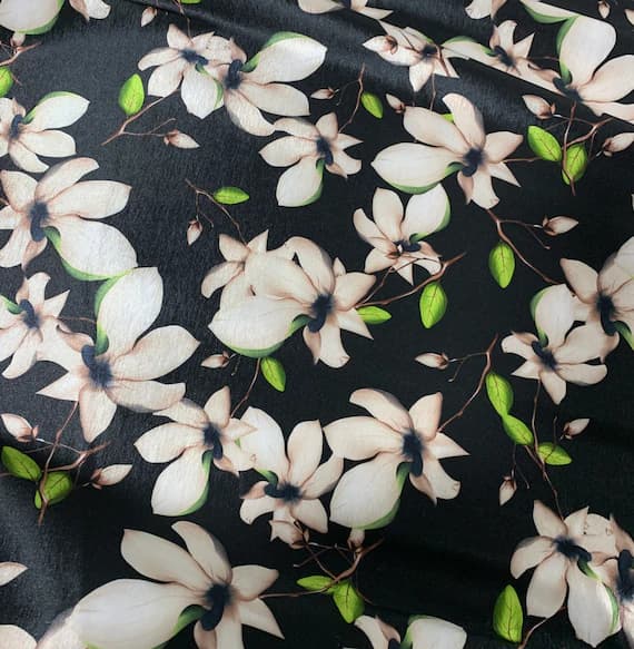 black taffeta fabric - Black & White Magnolia Floral - Stretch Polyester Taffeta Fabric