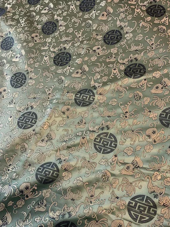 gold brocade fabric - Sage Green & Gold Floral Medallions - Faux Silk Brocade Fabric