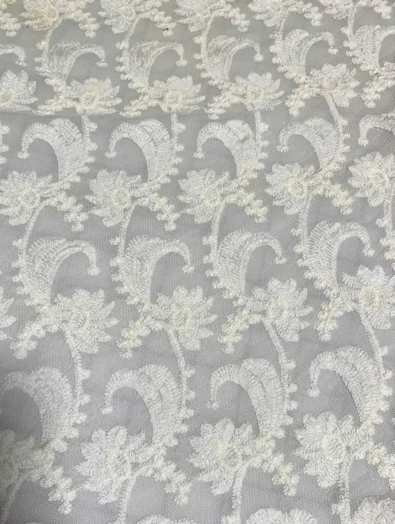 ivory lace - Ivory Floral Stripes Embroidered Tulle Lace Fabric