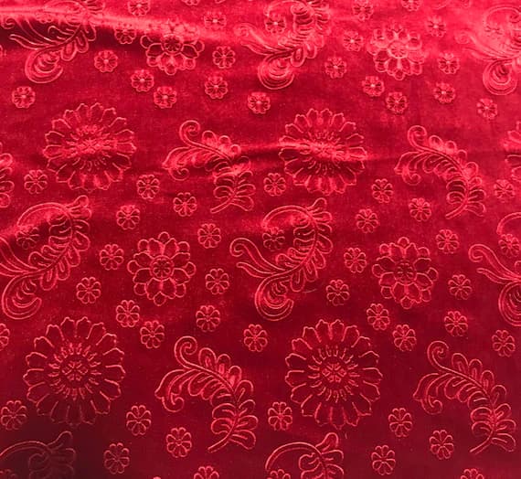 scarlet velvet fabric - Scarlet Red Feathers & Flowers - Embossed Stretch Poly Velvet Fabric