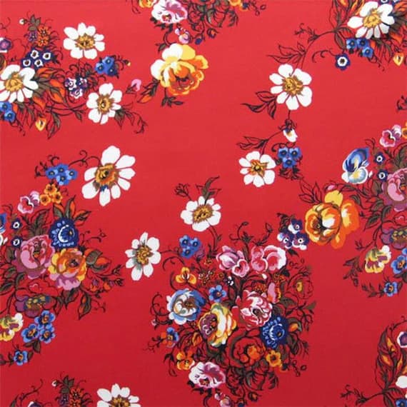 red charmeuse fabric - Bouquet of Flowers on Red - Silk Charmeuse