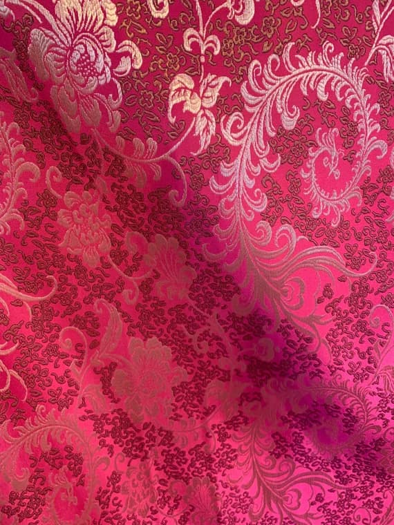 magenta brocade fabric - Magenta & Gold Feather Floral - Faux Silk Brocade Jacquard Fabric