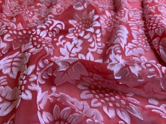 red charmeuse fabric - Hand Dyed Strawberry Red Sunflowers - Burnout Devore Satin Fabric