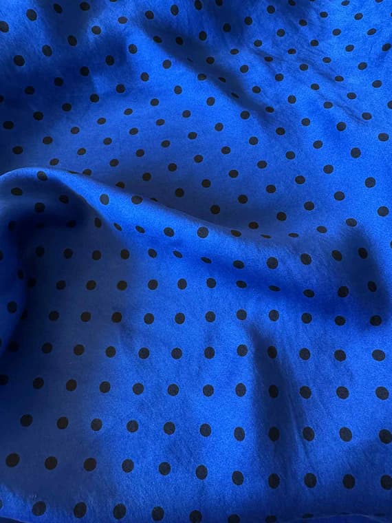 royal charmeuse fabric - Hand Dyed Silk CHARMEUSE Fabric Royal Blue & Black Small Polka Dots