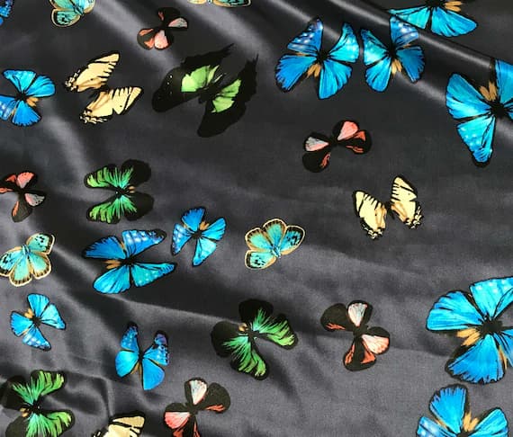 blue charmeuse fabric - Blue with Butterflies - Silk Charmeuse