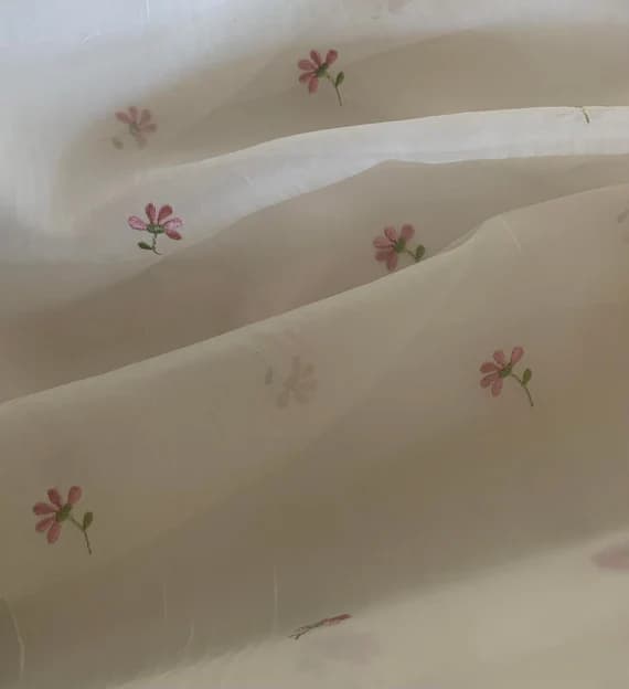 white lace - Pink Little Flowers on White Embroidered Organza Fabric
