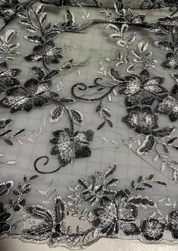 silver lace - Black & Silver Floral Sequin Embroidered Tulle Lace Fabric