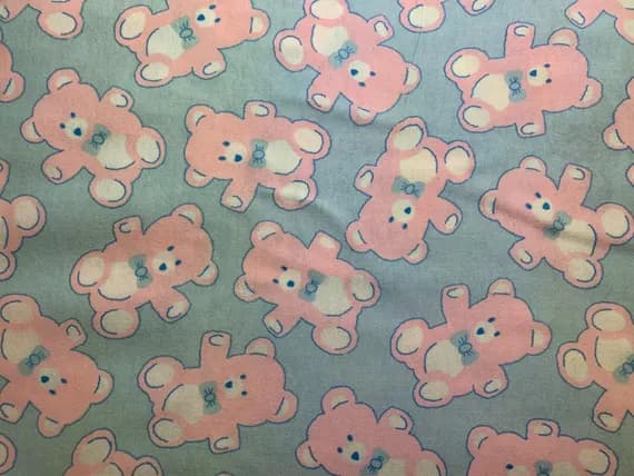 blue cotton fabric - Pink Teddy Bears on Blue Cotton Flannel Fabric Vintage 90's OOP