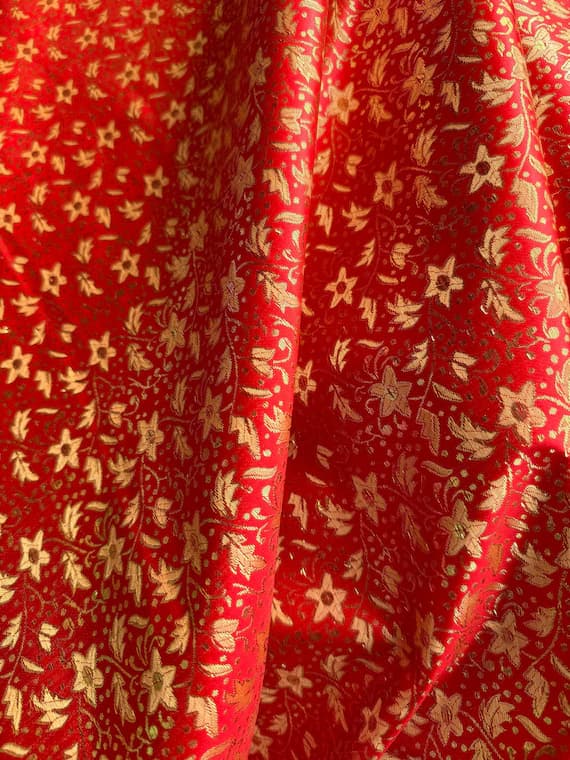 gold brocade fabric - Red with Gold Small Flowers - Faux Silk Brocade Jacquard Fabric