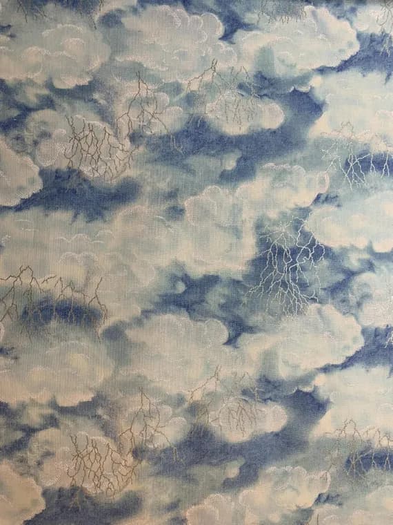 silver cotton fabric - Blue Sky with Lightning Clouds Metallic Silver accents Cotton Fabric Vintage 90's OOP Timeless Treasures
