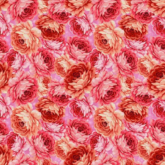 pink cotton fabric - Orange & Pink Roses - Spring Bouquet - by Ro Gregg for Paintbrush Studio 100% Cotton Fabric
