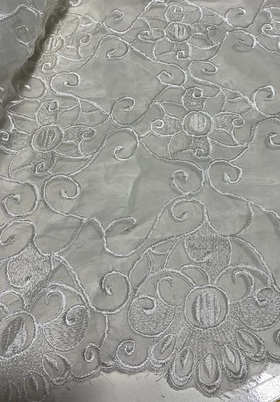 white lace - White Scroll Floral Embroidered Organza Fabric