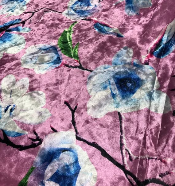 blue velvet fabric - Pink & Blue Magnolia Floral - Stretch Polyester Velvet Fabric