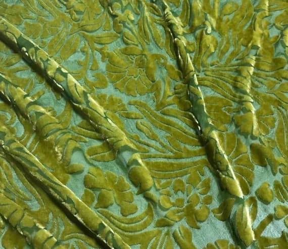 green velvet fabric - YELLOW GREEN Floral Burnout Hand Dyed Silk Velvet Fabric
