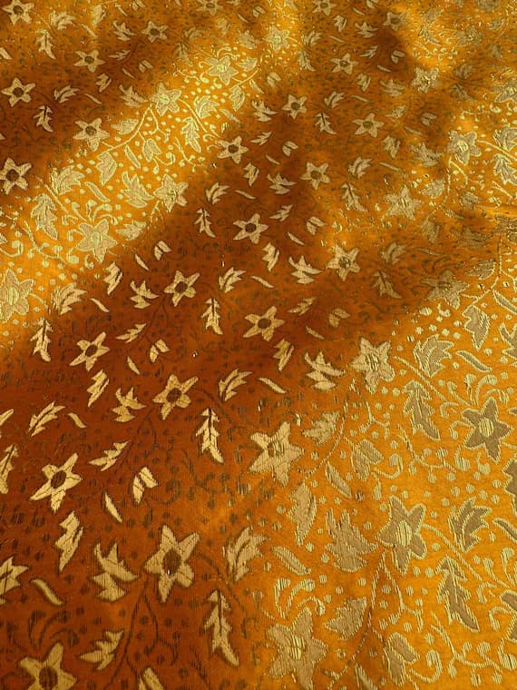 gold brocade fabric - Orange with Gold Small Flowers - Faux Silk Brocade Jacquard Fabric