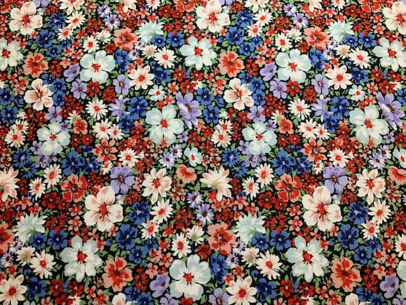 lavender cotton fabric - Spring Flowers - Black with Periwinkle Lavender & Red Floral - Cosmo Japan Cotton Oxford Fabric