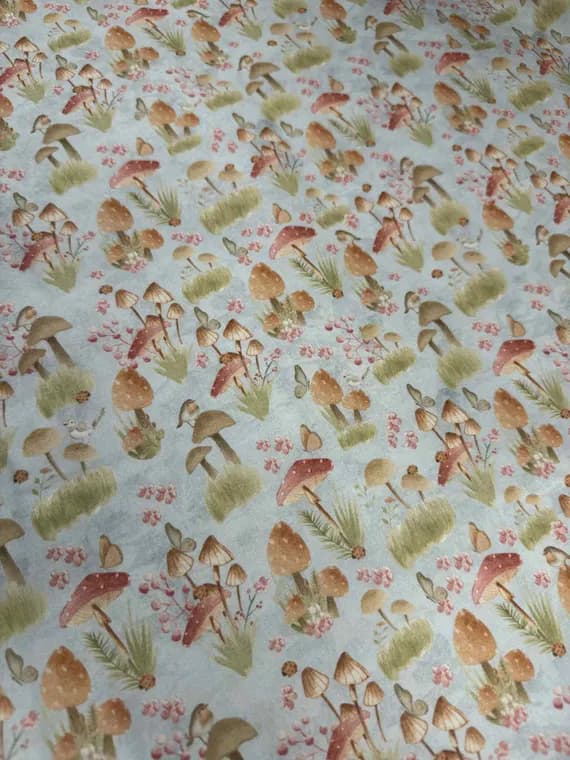 blue cotton fabric - Mushrooms Field Light Blue - Garden Toss Nature's Nursery - Paintbrush Studio Cotton Fabric
