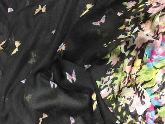 black fabric - Black Butterfly Floral - Polyester Gauze Voile