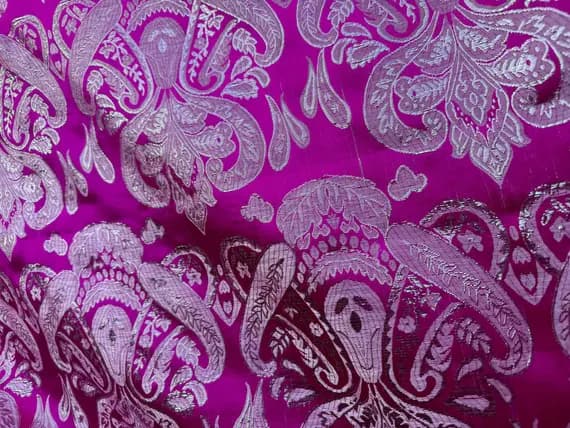 silver brocade fabric - Fuchsia Pink & Silver Damask Paisley - Faux Silk Brocade Jacquard Fabric