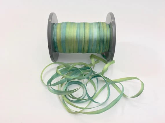 teal none - Hand Dyed Spring & Teal Green #53 Pure Silk Embroidery Ribbon 4mm 1/8" wide Japan -3 yards-