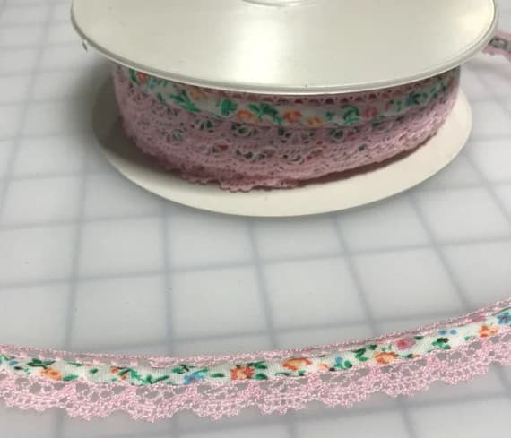 pink none - Pink Floral Ribbon with Scalloped Lace Edge Made in France (3/4" wide)