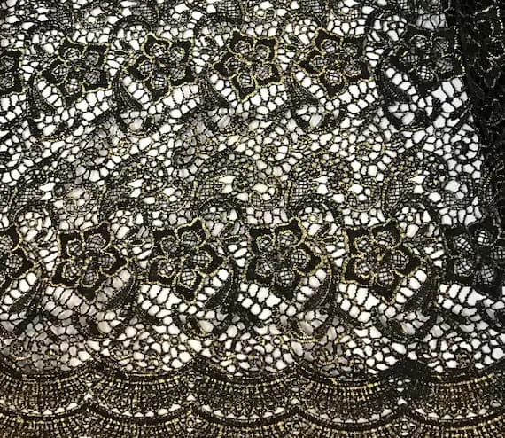 gold lace - Black & Metallic Gold Floral Flourish w/ Border LACE Fabric