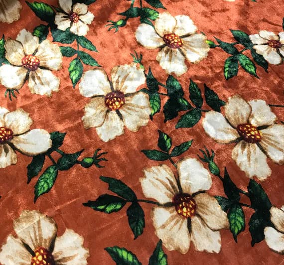 ivory velvet fabric - Rust & Ivory Floral - Stretch Polyester Velvet Fabric