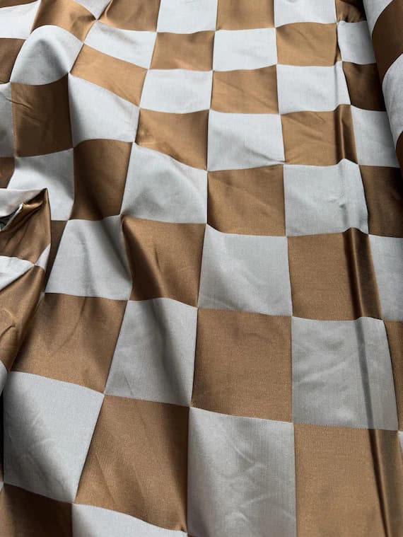 blue satin fabric - Blue & Brown Check - Silk Duchess Satin Fabric